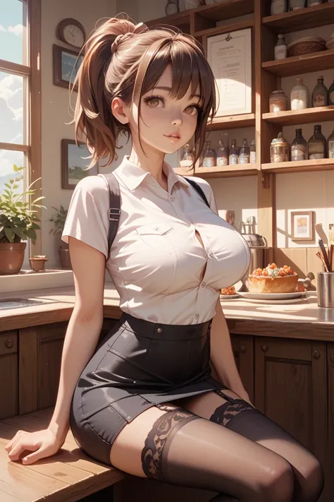 1 girl,  brown hair tied in a ponytail,  brown eyes, babyface,  short stature, slim,  big breasts, sitting on the counter ,  wear a white shirt , Black miniskirt,  Black tights with garter belt, masterpiece,  Detailed , quality