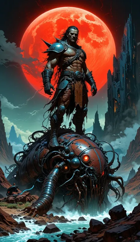 A primal warrior, clad in torn leather and metal, stands triumphantly on the grotesque, sinewy carcass of a massive biomechanical creature. The warriors muscular form is illuminated by a blood-red moon, casting harsh shadows across the surreal, alien lands...