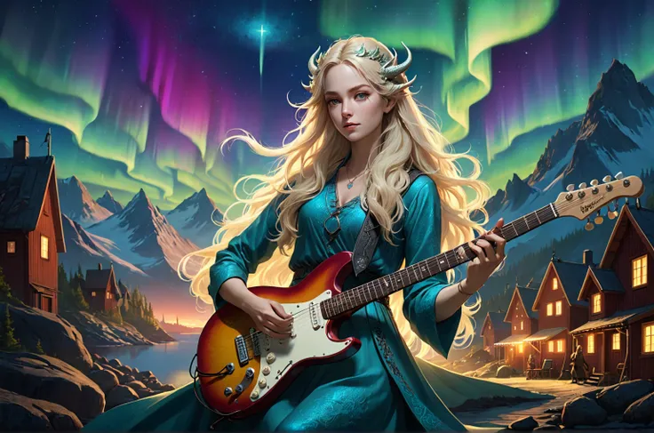 Summer McIntoshのポートレート,8k 4k masterpiece photo、 Scandinavian scenery 、 has a legendary Scandinavian dragon、Long-haired woman playing electric guitar,6 guitar pegs 、nothern lights