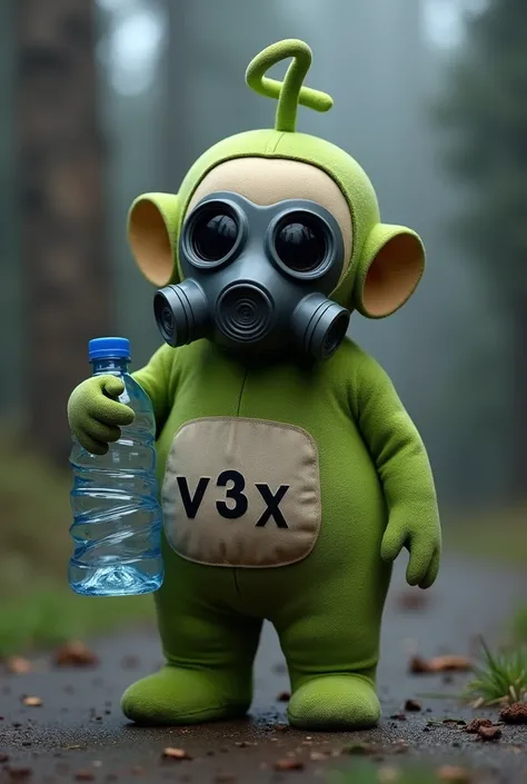 un teletubbie dans un masque à gaz tenant une bouteille deau, il y a une inscription "V3x" sur lui