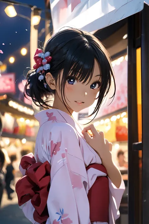 Girl in yukata　Holding cotton candy 　Cute baby face　 semi-long black hair 　 light reflected in the face　Festival stalls 　stall　 night view　Realistic anime　 anatomically correct fingers 　 Anatomically Correct Hand 　 top quality 　 Masterpiece