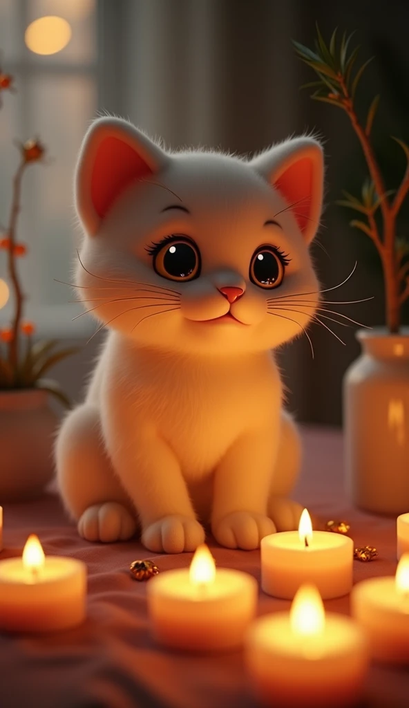 Ultra-realistic plush cat surrounded by candles: "An ultra-realistic plush cat with glowing eyes, sitting comfortably on a table surrounded by flickering candles. The cat’s fur is soft and realistic, with a gentle shine. Its eyes sparkle with warmth, creat...