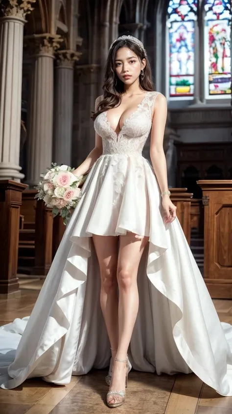 A beautiful young Japanese woman, 26 years old, with healthy thighs, beautiful legs, flawless skin, random hair color and style, large breasts, wearing a (wedding dress:1.3), (she is standing:1.2), full body shot, high heels, holding a bouquet in her hands...