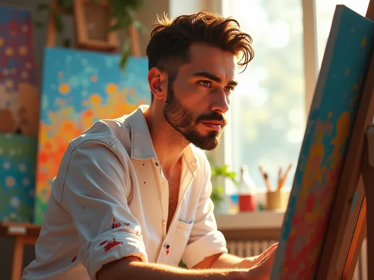 A charismatic man with an intense gaze. Portrayed as passionately working on a painting in a sunlit art studio. Modern-day setting. Wearing a casual white shirt stained with paint. Set in a cozy, vibrant studio filled with art supplies. The man radiates fo...