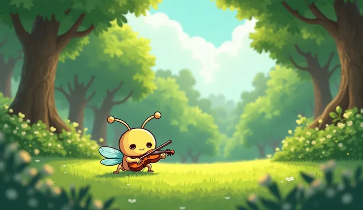 Image oImage of a cicada holding a violin, scene on a large lawn in the forest. chibi animation stylef a cicada holding a violin, scene in the forest. Chibi images