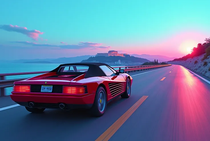 Vaporwave retro futuristic 80s synthwave Coast road and sun, OutRun, Acropolis on the hill Background, Romes of Athens, Enjoy a pleasant ride while taking in the view of the Acropolis. 1980s retro aesthetic, Retro Wave, endless road, The sky above is a gra...