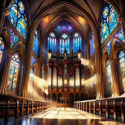 The architecture is a mix of Romanesque and Gothic, with a domed cathedral, beautiful murals, stained glass, a huge pipe organ, iridescent transparent fairies flying around on the ceiling, and glittering gold dust falling all over the place, professional a...