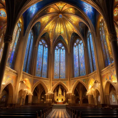 The architecture is a mix of Romanesque and Gothic, with a domed cathedral, beautiful murals, stained glass, a huge pipe organ, iridescent transparent fairies flying around on the ceiling, and glittering gold dust falling all over the place, professional a...