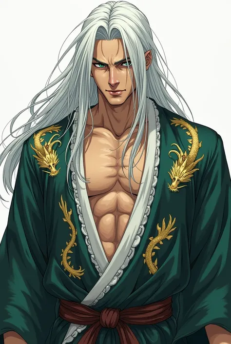 Manga characters, men, Long white-haired , Looking cold ,  and apathetic expression, Of body muscle ,  wearing a dark green kimono ,  with drawings of dragons on the fabric ,  and showing the abdomen ,  manga style , A single character 