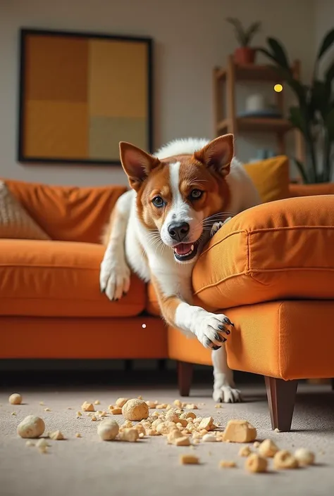 A realistic image of a mischievous dog scratching a modern piece of furniture, captured in a well-lit living room with tiny chips and foam of furniture on the floor. The dog is mid-action, with its mouth visibly biting the surface of a vibrant, sleek couch...