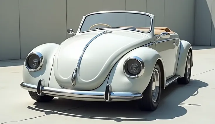 "A modern, retro-styled convertible car inspired by the Volkswagen Beetle design, featuring a sleek white body with a rounded front hood and signature circular headlights. The front grille is minimalist with chrome accents, complemented by a vintage-style ...