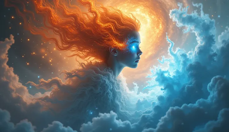 An incomprehensible and spectacular scene from a glowing cloud, A elemental girl [fire:ice:0.5], (orange fire and blue ice eyes), (fire and ice face), 3D, rich colors, (no human:1.5), (dynamic face), filaments of fractal nebula, Cosmic entities, celestial,...