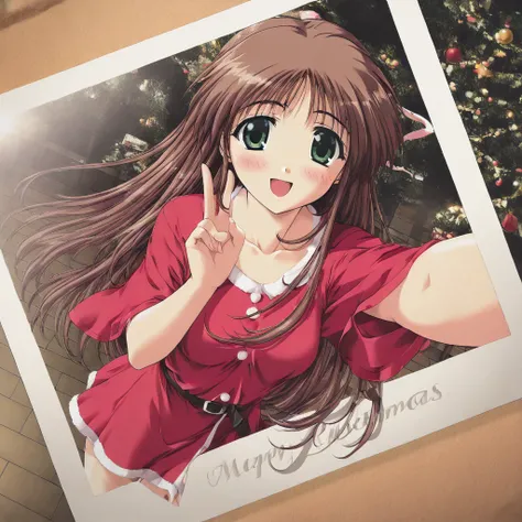 masterpiece, best quality, Christmas Polaroid Photo Generator, HinomoriAzusa, 1girl, solo, brown hair, long hair, green eyes, medium breasts, smile, happy, blush, santa, xmas party, xmas tree, xmas, Take a selfie with polaroid photo generator, cinematic an...