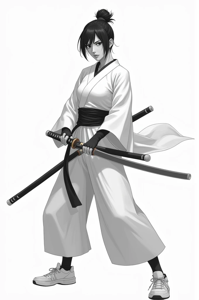 samurai woman, kimono branco,  fighting position ,  with white oriental sneakers,  two katanas around the waist,  inside the sword sheath , subtle white background ,  grayscale,  hair with Japanese bun ,  Japanese animation style , 