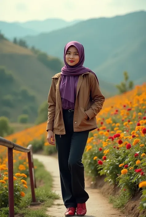 Indonesian woman in purple hijab , Brown casual jacket ,  black jeans , red shoes,  medium handrails typical indian movie video clip with indian actor shah rukh khan.  background colorful flower fields and hills 