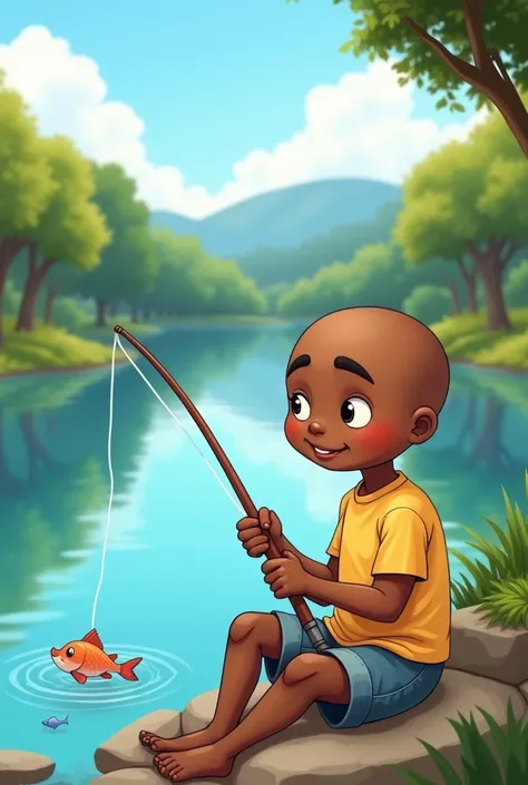 Cartoon image of a bald man, with darker skin, sitting fishing 