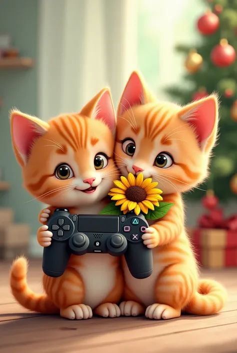  Generate an image of two kittens , a female and a male , hugged,   in which the kitten is with a sunflower and the kitten with a PlayStation controller,  with a Christmas-themed background . All this in a cartoon version. 