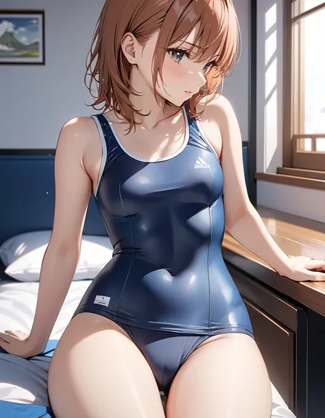 ( Japanese anime style),  cute,  SCHOOL SWIMSUIT , (Misaka Mikoto), Small breasts, masterpiece:1.5, masterpiece, highest quality, UHD, retina, masterpiece, accurate anatomy, super detailed, high quality, best quality, 8k