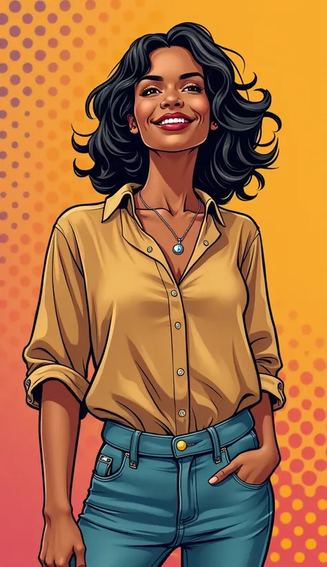 A vibrant and uplifting comic book-style image of an adult American woman.  SHE IS HAPPY AND GRATEFUL,, expressing her emotions with a subtle and discreet smile. Her outfit is modest and casual, neutral tones that cover most of her skin, emphasizing her DI...