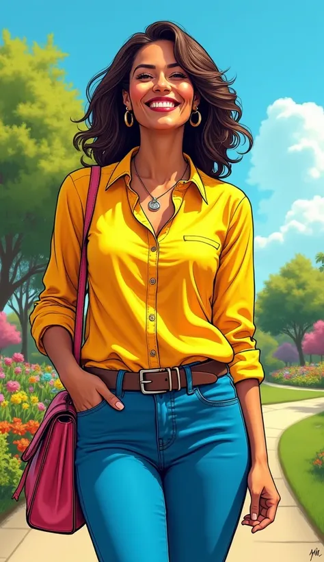 A comic book style image of an adult American woman, radiating happiness and a sense of accomplishment. She is dressed in casual and tasteful clothing, such as a bright, shiny yellow blouse and vibrant blue jeans, accessorized with a stylish handbag and a ...