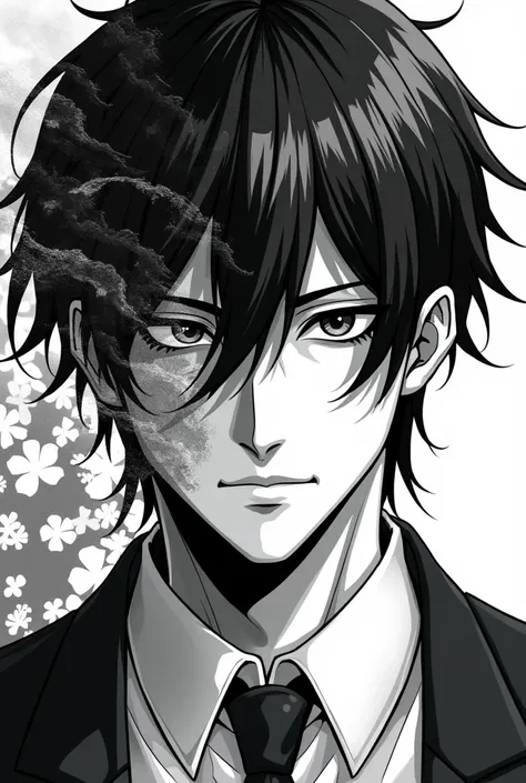 Black and white anime style, handsome man with a sea face