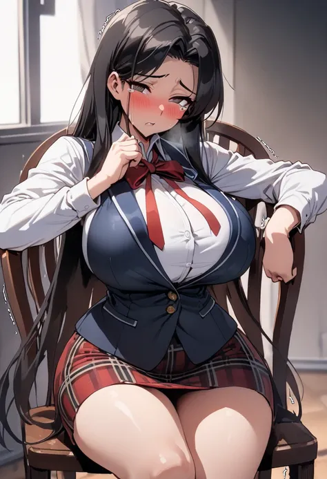 top quality, masterpiece,  high definition , 8k,  1 girl, Alone,  Expressive Dark Brown Eyes , mature woman, (((Trembling Body))), ((( Straight Long Hair ))), ((( black hair))),  Big Breasts High School Girl,  uniform with a white shirt and a dark red plai...