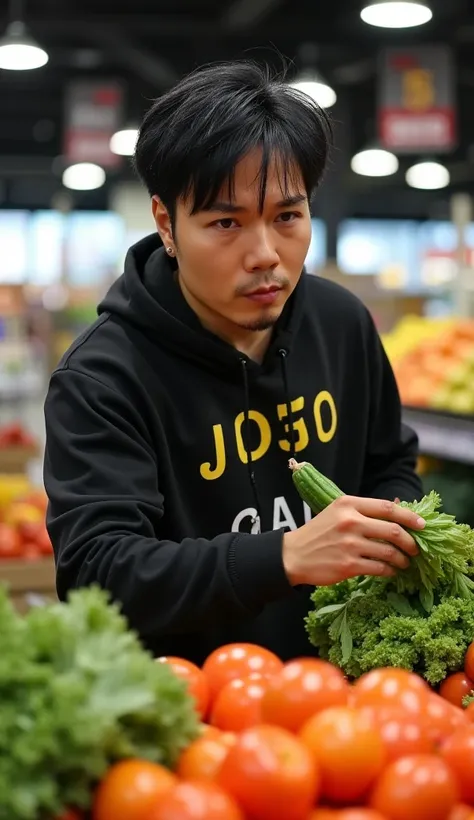 jojo, 38-year-old male, Photorealistic, 16k, photography, masterpiece, detailed face, with black messy hairstyle, masterpiece, best quality, wearing hip-hop style costume, grocery shopping, supermarket, picking vegetables, natural lighting, everyday scene,...