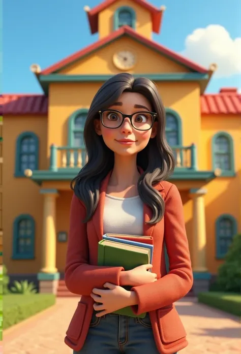 50-year-old female character , with long hair, dark,  herself wearing glasses, with books in hands, In front of a Pixar-style school