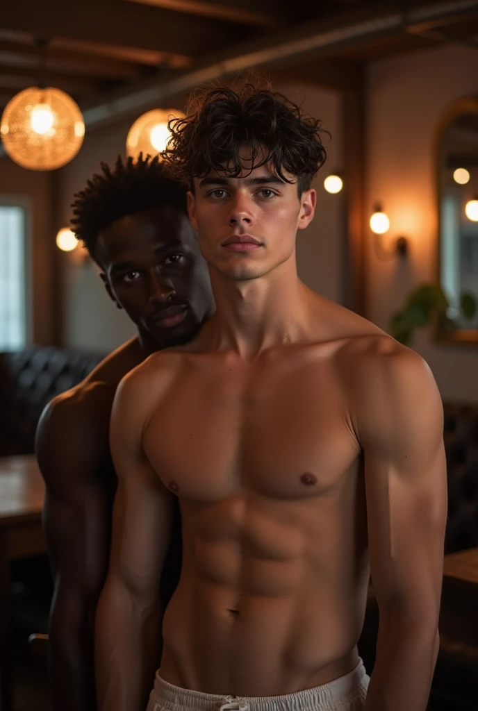 handsome 18 years naked muscled male model, stands, black male friend cuddles him, in gay bar, nude,  bubble butt, tight ass, tight ass, legs open, tight ass,  hairless, no facial hair, messy wavy dark hair, blue eyes, thick lips, muscled model, defined mu...