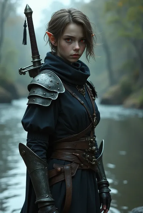  A young elf girl with dark gray skin , Her hair is light brown, short, casually cut , dark red-orange eyes and dark clothes on her right shoulder, armor and a sword in the rivers 