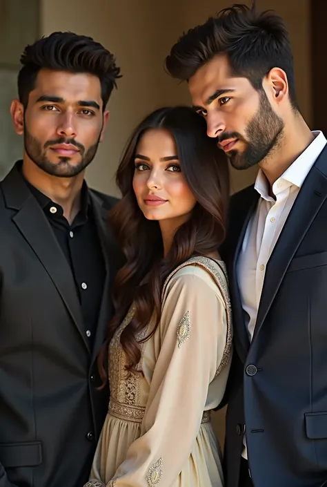 a beautiful Turkish-Pakistani fair skin cute brunette, amber eyes, doe eyes, thick eyelashes, blush on cheeks, beautiful young girl with makeup wearing kurta clothes, standing at the center looking, one Italian handsome man beside her and mexican man with ...