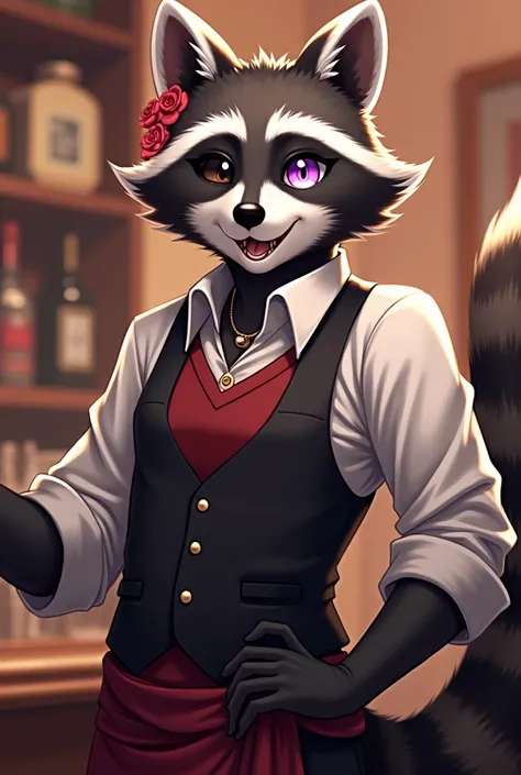 Handsome male anthropomorphic racoon  in bartender outfit, flowers in tail, earrings in one ear, one eye with black iris and white pupil, other eye with smokey purple iris and black pupil, red undershirt, collar with bell,  tongue piercing, smiling