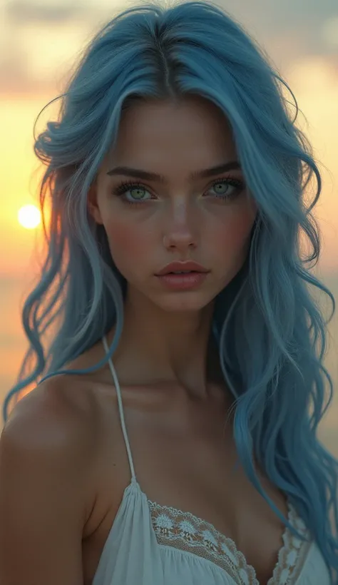  top quality , masterpiece,  super high res, ( realism : 1.4), Original photo,  1 girl,  green eyes,  off shoulder,  cinematic lighting,  blue hair, At sunset