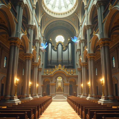 The architecture is a mix of Romanesque and Gothic, with a domed cathedral, beautiful murals, stained glass, a huge pipe organ, iridescent transparent fairies flying around on the ceiling, and glittering gold dust falling all over the place, professional a...