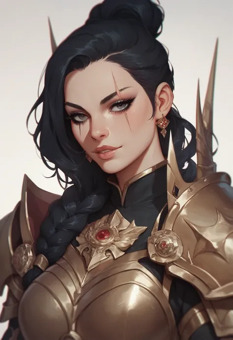 an illustration of a female champion adorned with dark armor, desnuda,   Black hair,  eye scar shirt,  cartoon 