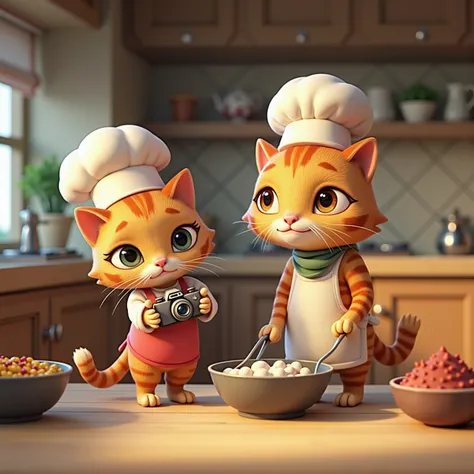 cat photographer and cat cook, 3D style  