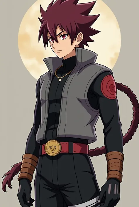 naruto with spiky hair in maroon like goku normal hair, red eyeball and a grey dogi, a long-sleeved black undershirt with a turtleneck, golden wolf design engraved on black belt, black pants and pointy black þoots like black goku and muscular physique and ...