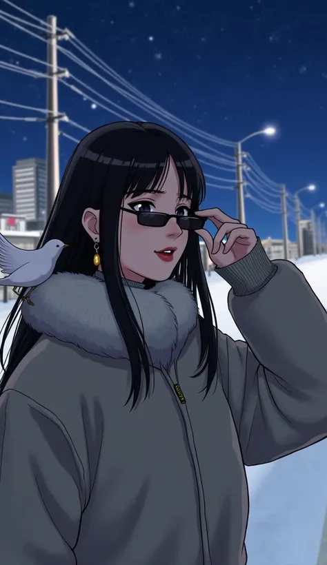 same,,  1 girl, animal, animal on shoulder, bird,  Black Eyewear,  dark eyes,  black hair, blue null, cityscape, clear null,  comments, day,  earrings for women with first name, Putting on glasses, Removed eyewear, fur  comments,  jacket, gem,  long hair, ...