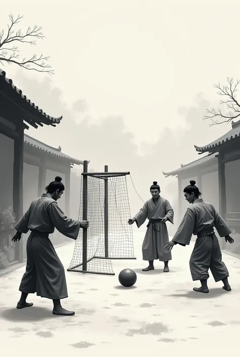 In china people playing a game cuju in old theme in black and white graphics and they kick ball into and old theme net and only three people playing cuju

