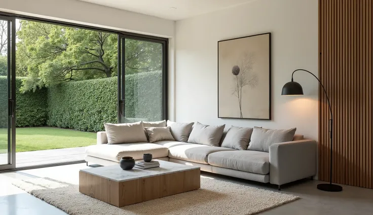 A bright minimalist living room with a modern, clean aesthetic. The centerpiece is a sleek L-shaped sofa in light gray, paired with a low-profile marble coffee table. The floor is polished concrete with a soft textured rug in cream. One wall is adorned wit...