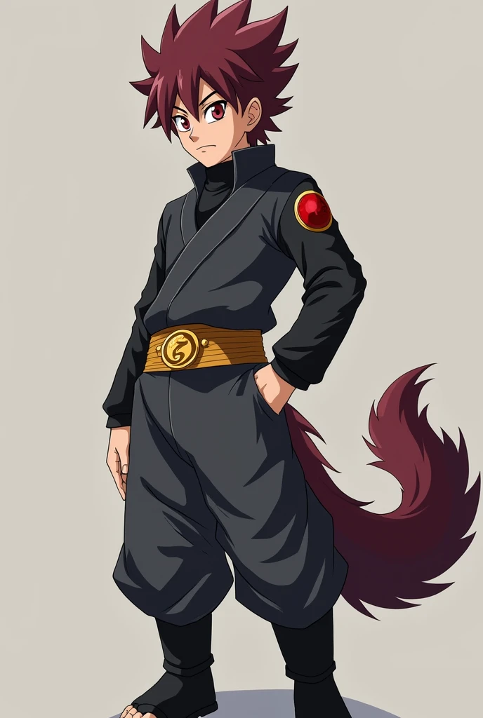 naruto with spiky hair in maroon like goku normal hair, red eyeball and a grey dogi, a long-sleeved black undershirt with a turtleneck, golden wolf design engraved on black belt, black pants and pointy black þoots like black goku and muscular physique and ...