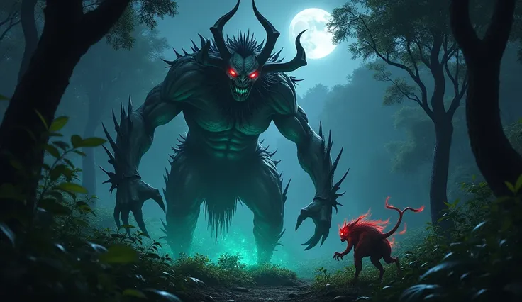 In a shadowy forest under faint moonlight, Asmodeus towers menacingly, his pale, veined skin glowing faintly and his blue, fiery eyes piercing the darkness. Twisted horns and jagged bone armor add to his terrifying aura as his claws rip through vegetation,...