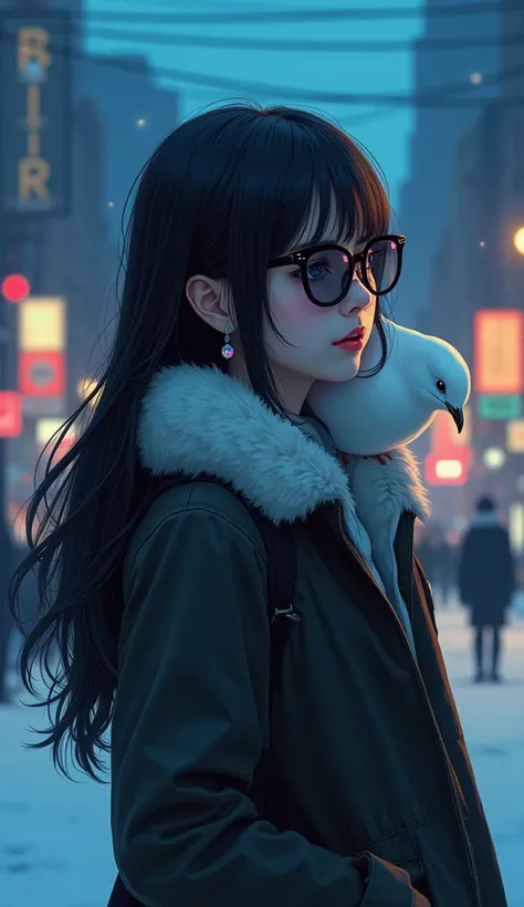 same,,  1 girl, animal, animal on shoulder, bird,  Black Eyewear,  dark eyes,  black hair, blue null, cityscape, clear null,  comments, day,  earrings for women with first name, Putting on glasses, Removed eyewear, fur  comments,  jacket, gem,  long hair, ...