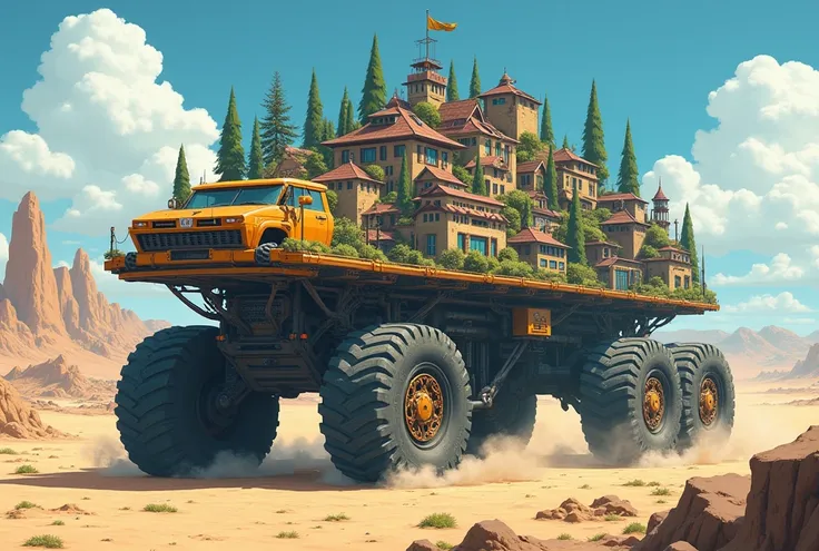 giant crawler-driven vehicle, large single-board vehicle, ((Moving towns)), The town on top of a car, ((A town through the wilderness)), Strange images, unreasonable, Stunning, huge vehicle, Moving cities, A town that drives independently, Conquer the dese...