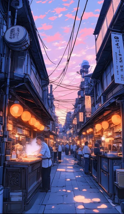 ((high quality)), ((masterpiece)), ((highly detailed)), a noddles shop japanese style evening time nice pink sky, 8k, 4k, UHD, high resolution