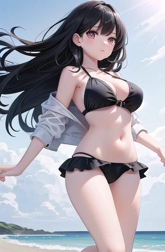 Best illustrations,  Beach , A woman takes off her clothes and becomes a swimsuit, big,  bust enhancement,  black hair,  shortcuts,  embarrassed expression ,  (1.2)  tall ,  beautiful legs,  long legs ,  beautiful women、 black hair long hair,big胸、