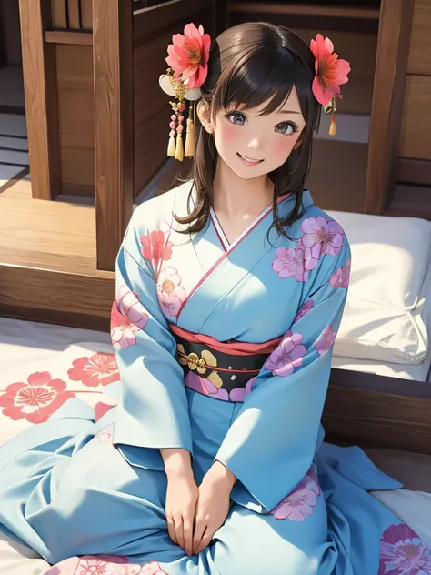 Masterpiece, high resolution, 1 girl, alone, full body, female, bright smile, blush, medium bust, skinny, realistic, 20s,Long-sleeved kimono,Japanese Coming of Age Ceremony,Colorful costumes,Flower patterned kimono,Cowboy Shot,Fancy costumes,Sit on the bed