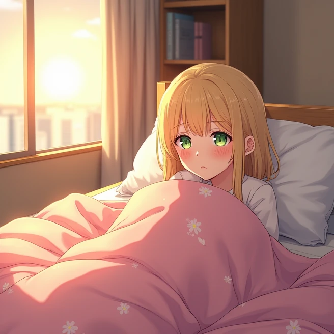  An 18 year old anime style lady, To Love Ru,  soft lighting , she is lying under her blanket of pink flowers on her light oak bed ,  she is inside her medium-sized room on the fourth floor of a beige building with a bookcase and a school graduation book, ...