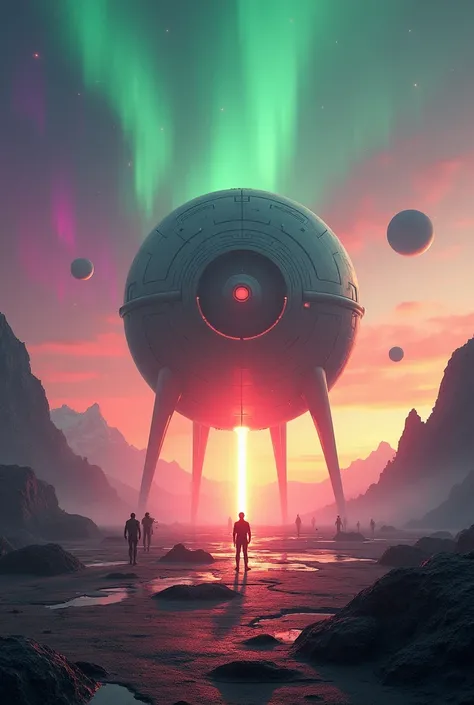 A wide, ultra-realistic futuristic scene of an alien landscape at sunset, specifically designed for a banner layout (851x315 px). At the center, a massive, circular metallic spacecraft supported by giant legs emits a glowing beam of light to the ground, fr...