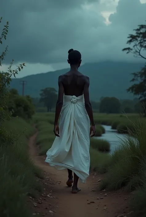 Ugomma walks barefoot along a narrow path toward the stream, her white wrapper trailing behind her. The evening sky is dark and heavy with thick clouds. The scene feels foreboding, with dim natural light and a somber tone." African